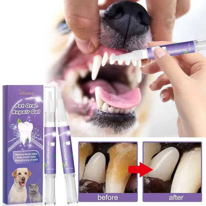 "Pet dental care gel pen against white background; easy-to-use, fights plaque, freshens breath, and strengthens teeth."