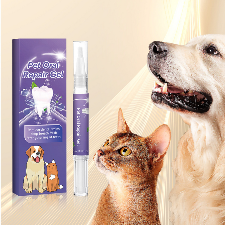 "Pet dental care gel pen against white background; easy-to-use, fights plaque, freshens breath, and strengthens teeth."