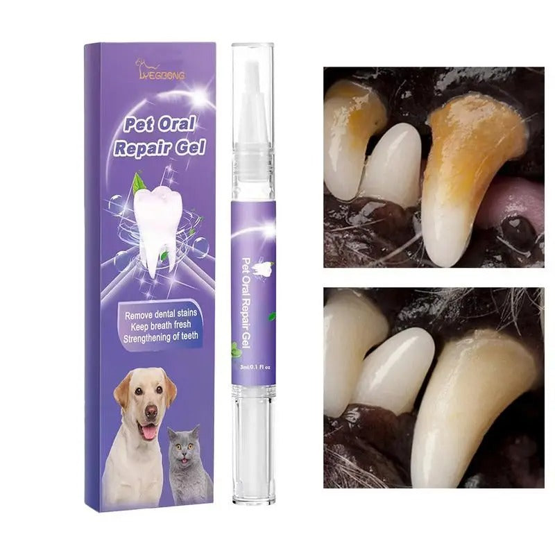 "Pet dental care gel pen against white background; easy-to-use, fights plaque, freshens breath, and strengthens teeth."