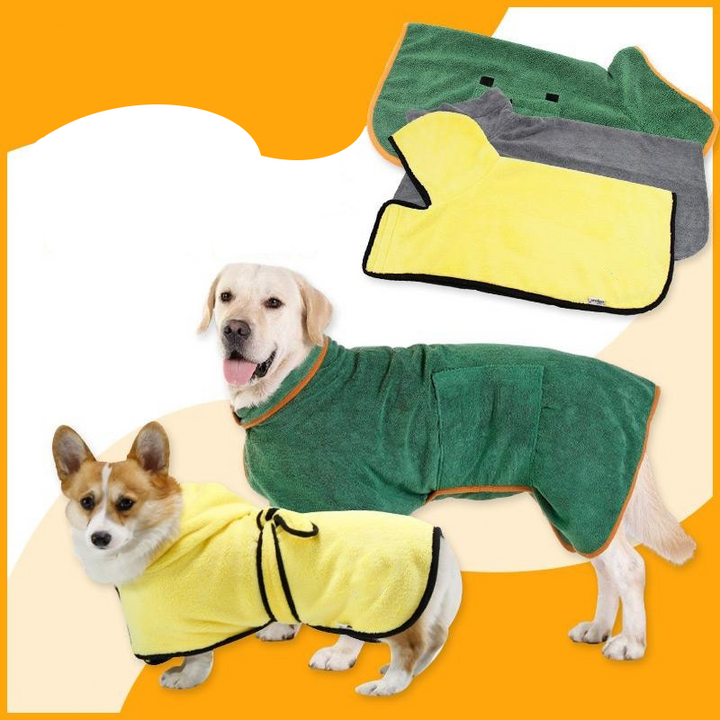 Pet dog absorbent towel robe, adjustable fit, multi-functional as bathrobe or nightgown, vibrant colors, fits all breeds.