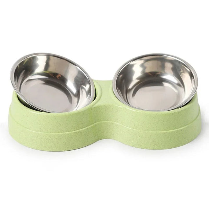 "Pet DualFeast Bowls for Food and Water, non-slip, double design, vibrant colors, durable, skid-resistant base for pets."