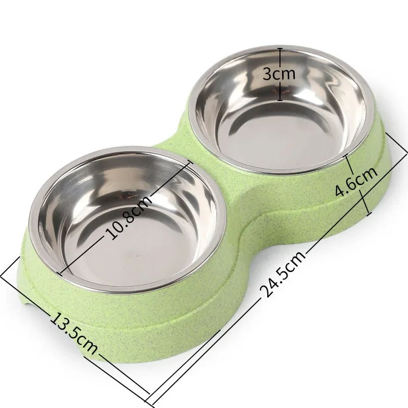 "Pet DualFeast Bowls for Food and Water, non-slip, double design, vibrant colors, durable, skid-resistant base for pets."