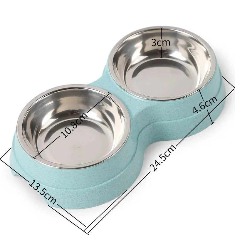 "Pet DualFeast Bowls for Food and Water, non-slip, double design, vibrant colors, durable, skid-resistant base for pets."