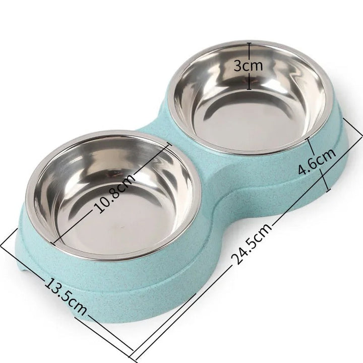 "Pet DualFeast Bowls for Food and Water, non-slip, double design, vibrant colors, durable, skid-resistant base for pets."