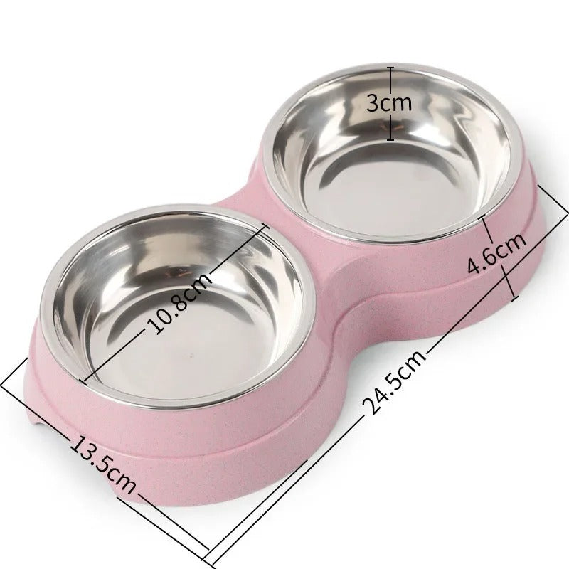 "Pet DualFeast Bowls for Food and Water, non-slip, double design, vibrant colors, durable, skid-resistant base for pets."
