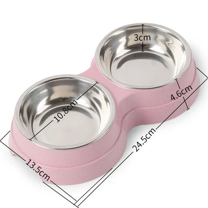 "Pet DualFeast Bowls for Food and Water, non-slip, double design, vibrant colors, durable, skid-resistant base for pets."