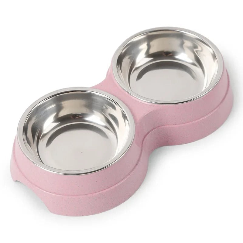 "Pet DualFeast Bowls for Food and Water, non-slip, double design, vibrant colors, durable, skid-resistant base for pets."
