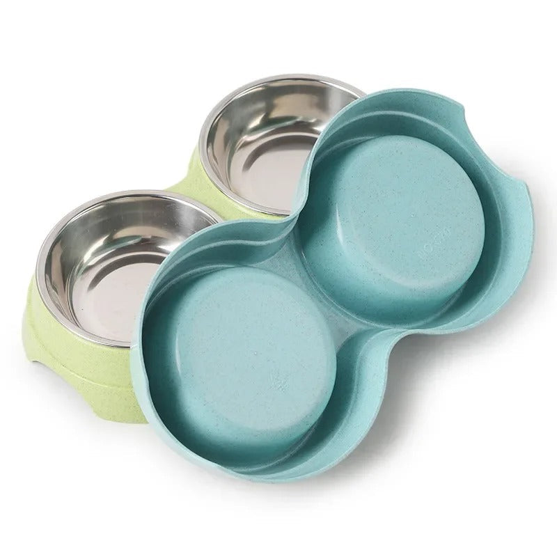 "Pet DualFeast Bowls for Food and Water, non-slip, double design, vibrant colors, durable, skid-resistant base for pets."