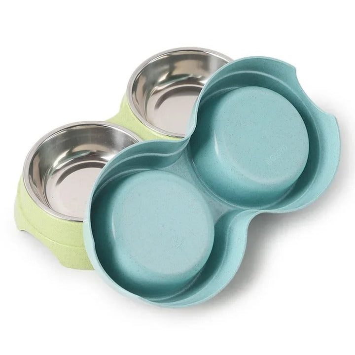 "Pet DualFeast Bowls for Food and Water, non-slip, double design, vibrant colors, durable, skid-resistant base for pets."