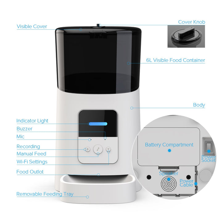 "Pet feeding station with smart features, front view. Automatic meal scheduling and portion control for consistent pet nutrit