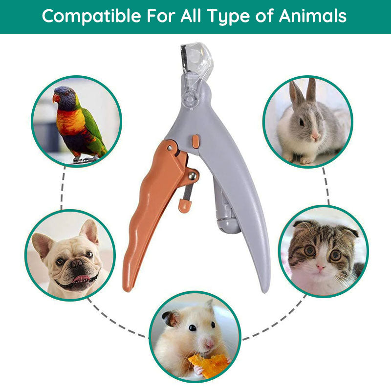 "Pet nail clipper with LED light, stainless steel blade, protective sensor for safe, precise dog and cat nail grooming."