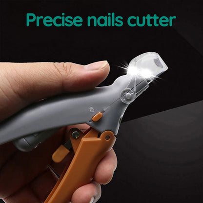"Pet nail clipper with LED light, stainless steel blade, protective sensor for safe, precise dog and cat nail grooming."
