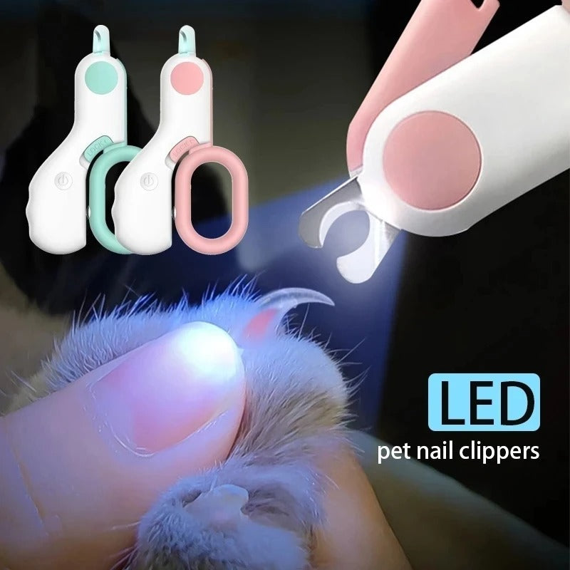 "Pet nail clipper with LED light, stainless steel blades, ergonomic handle; ideal for precise grooming of small pets."