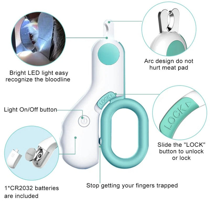 "Pet nail clipper with LED light, stainless steel blades, ergonomic handle; ideal for precise grooming of small pets."