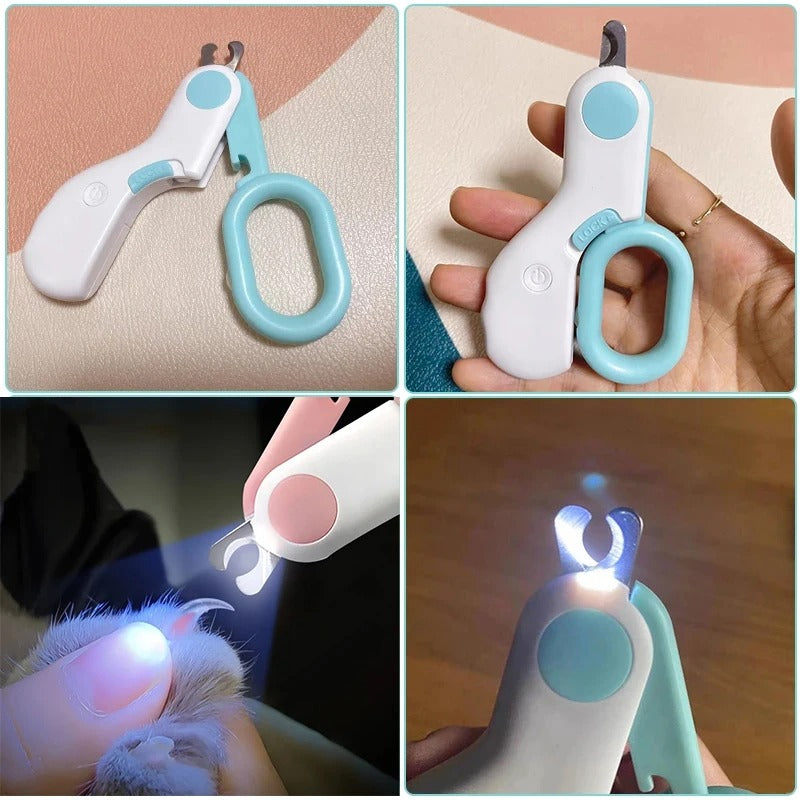 "Pet nail clipper with LED light, stainless steel blades, ergonomic handle; ideal for precise grooming of small pets."