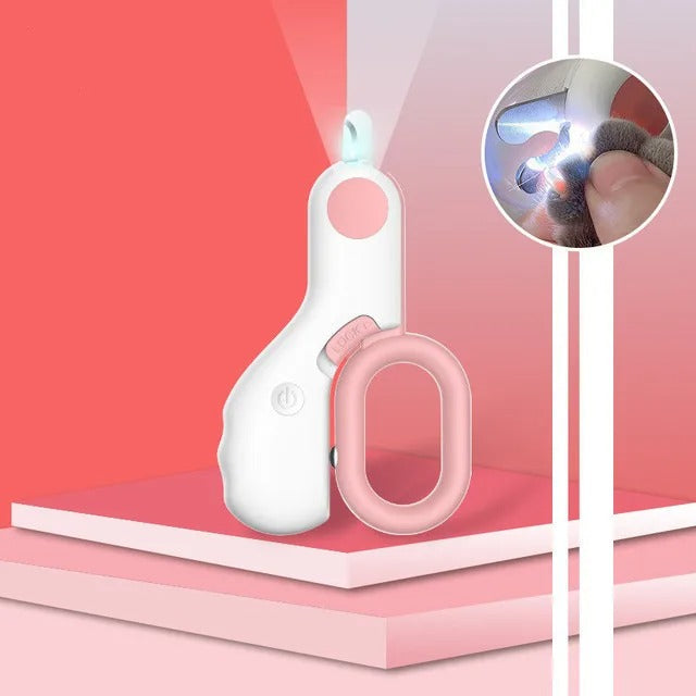 "Pet nail clipper with LED light, stainless steel blades, ergonomic handle; ideal for precise grooming of small pets."
