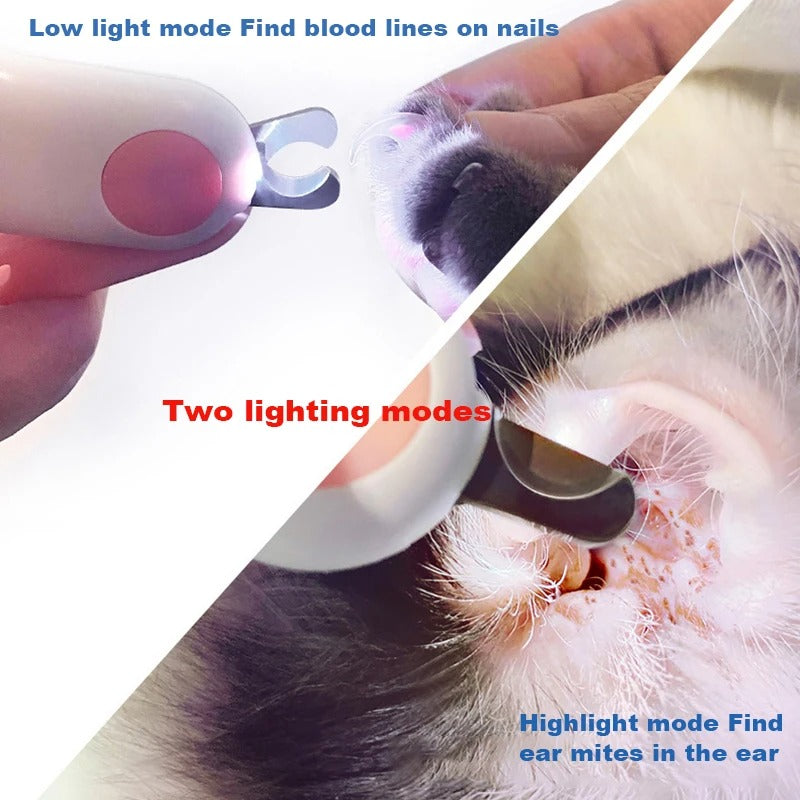 "Pet nail clipper with LED light, stainless steel blades, ergonomic handle; ideal for precise grooming of small pets."