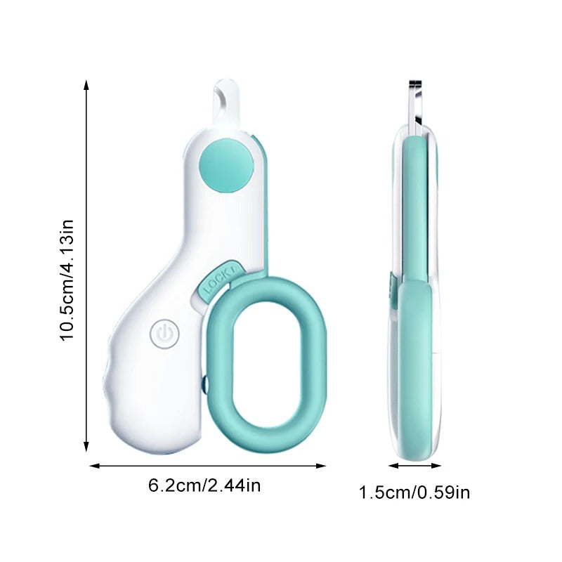 "Pet nail clipper with LED light, stainless steel blades, ergonomic handle; ideal for precise grooming of small pets."