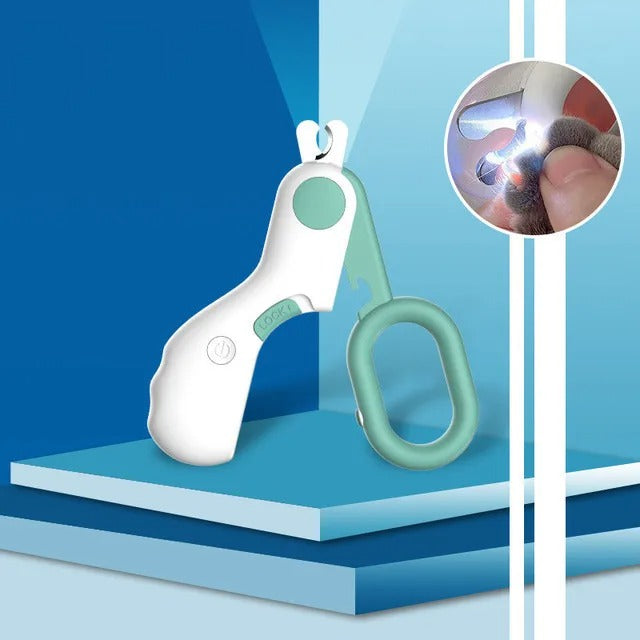 "Pet nail clipper with LED light, stainless steel blades, ergonomic handle; ideal for precise grooming of small pets."