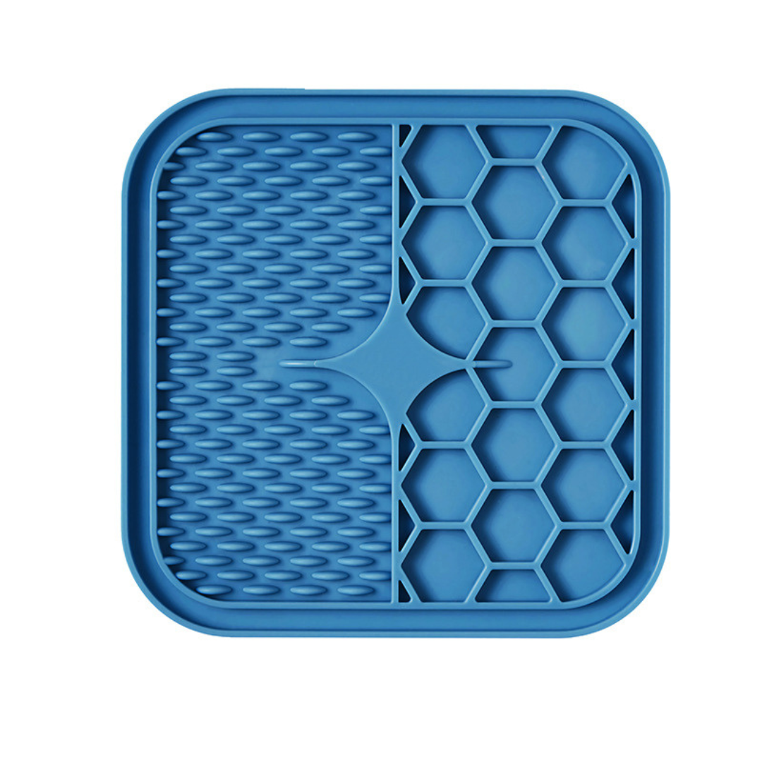"Pet silicone lick mat in vibrant colors for stress relief and slow feeding; features textured surface for pets' wellness."