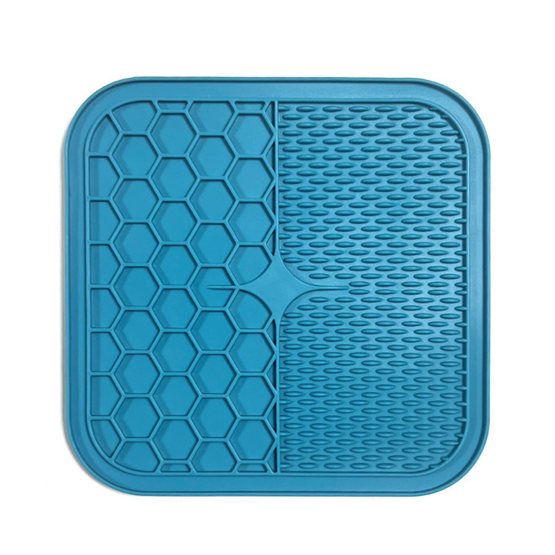 "Pet silicone lick mat in vibrant colors for stress relief and slow feeding; features textured surface for pets' wellness."