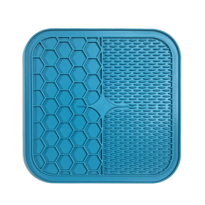 "Pet silicone lick mat in vibrant colors for stress relief and slow feeding; features textured surface for pets' wellness."