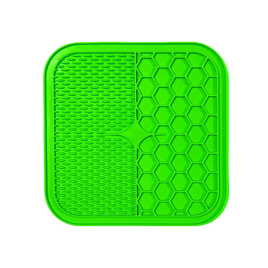 "Pet silicone lick mat in vibrant colors for stress relief and slow feeding; features textured surface for pets' wellness."
