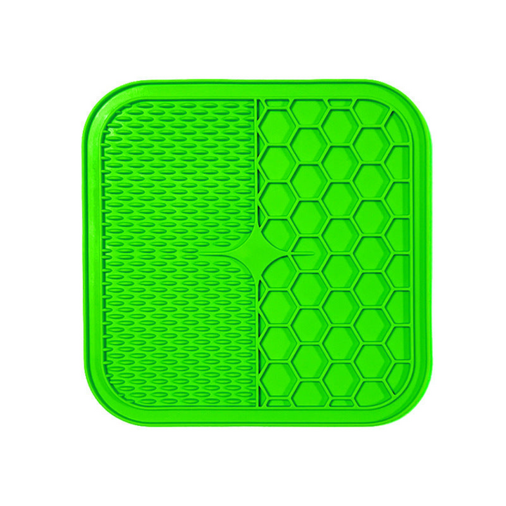 "Pet silicone lick mat in vibrant colors for stress relief and slow feeding; features textured surface for pets' wellness."