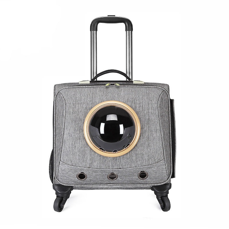 Pet travel capsule with panoramic window for cats and dogs, featuring ergonomic handles, durable wheels, and ample ventilatio