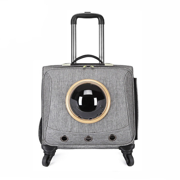 Pet travel capsule with panoramic window for cats and dogs, featuring ergonomic handles, durable wheels, and ample ventilatio