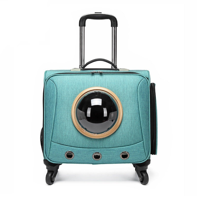 Pet travel capsule with panoramic window for cats and dogs, featuring ergonomic handles, durable wheels, and ample ventilatio