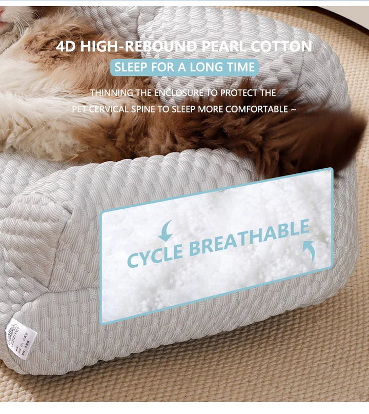 "PetChill Cooling Couch with ice silk fabric, ergonomic pet bed in soft hues, breathable design, perfect for hot days."