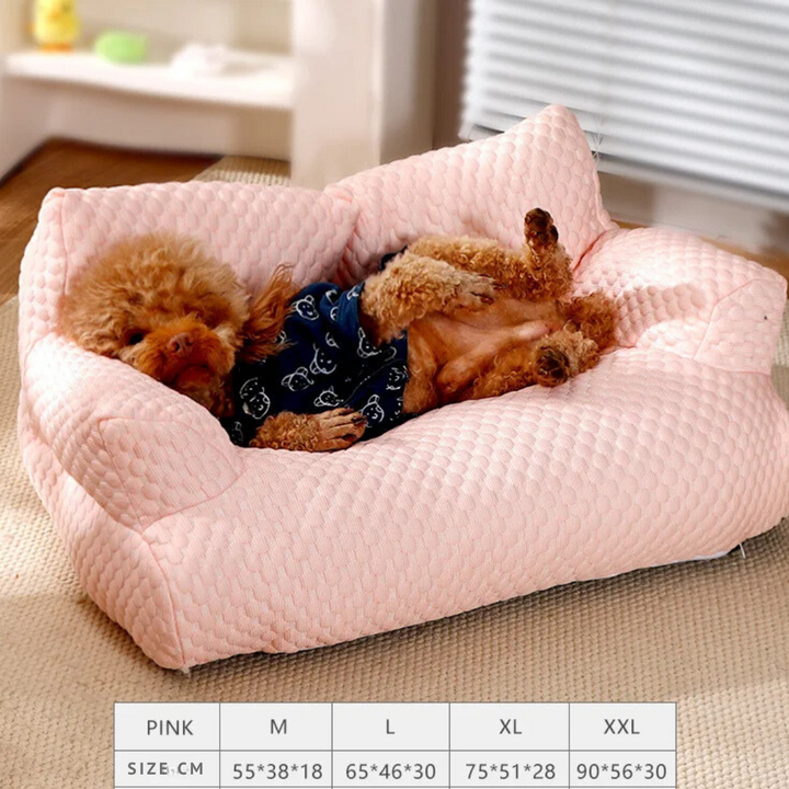 "PetChill Cooling Couch with ice silk fabric, ergonomic pet bed in soft hues, breathable design, perfect for hot days."