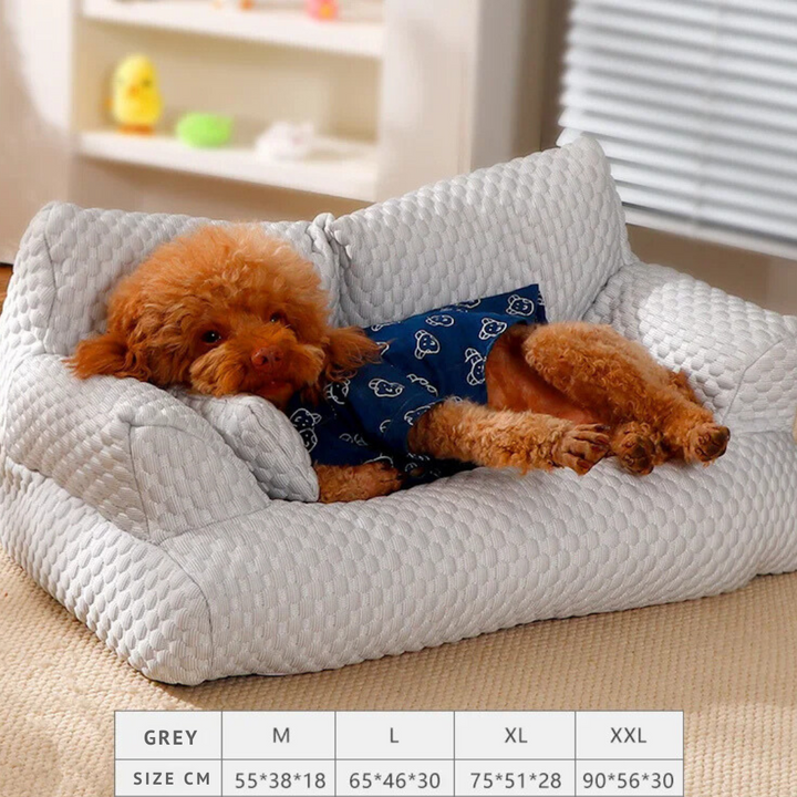 "PetChill Cooling Couch with ice silk fabric, ergonomic pet bed in soft hues, breathable design, perfect for hot days."