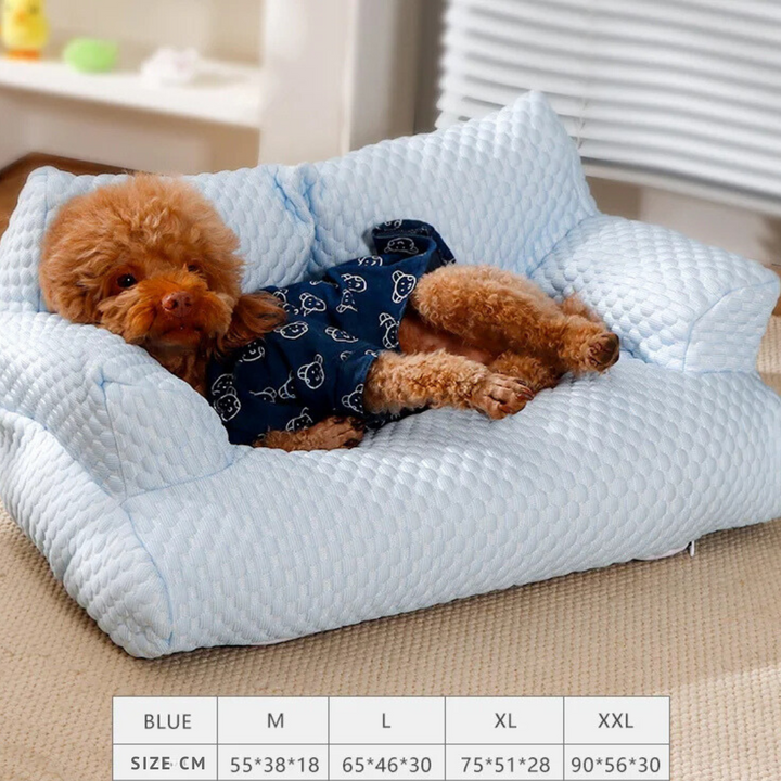 "PetChill Cooling Couch with ice silk fabric, ergonomic pet bed in soft hues, breathable design, perfect for hot days."