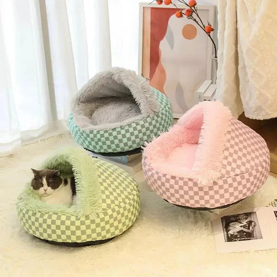 Plaid Warm Cat Cave with soft plush, semi-enclosed design; cozy pet retreat in blue, green, or pink fit for home decor.