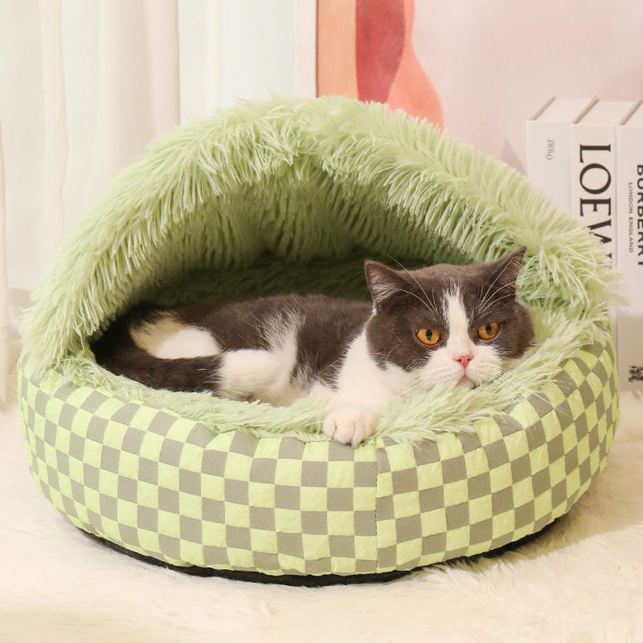 Plaid Warm Cat Cave with soft plush, semi-enclosed design; cozy pet retreat in blue, green, or pink fit for home decor.