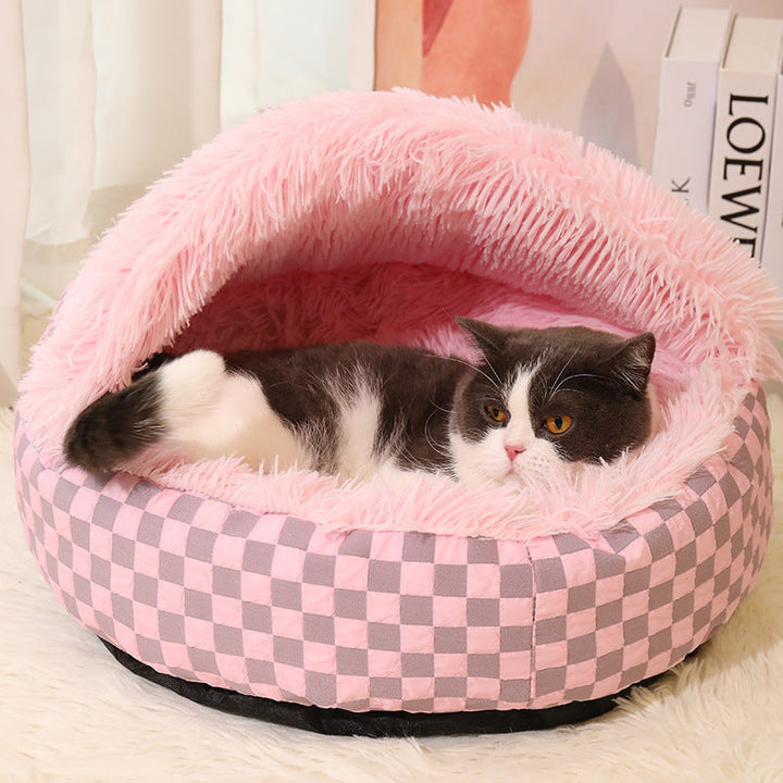 Plaid Warm Cat Cave with soft plush, semi-enclosed design; cozy pet retreat in blue, green, or pink fit for home decor.
