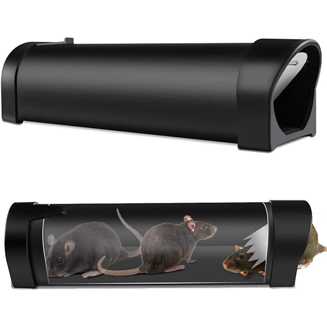 "Plastic rat trap cage with bionic design, sleek black finish, humane no-kill, efficient pest control, easy to use and clean.