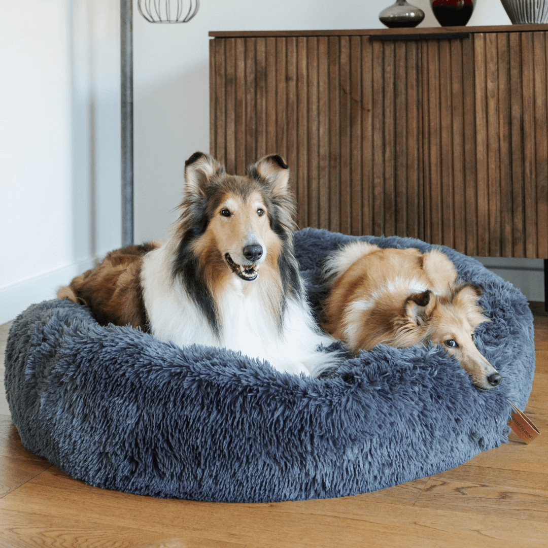 "Plush apricot donut dog bed, anxiety-relieving, round with raised rim, faux fur, for dogs to curl up comfortably."