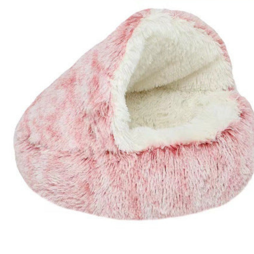 "Plush cat cuddle cave with hood, featuring a cozy, covered design for warmth and comfort in pet supplies product."