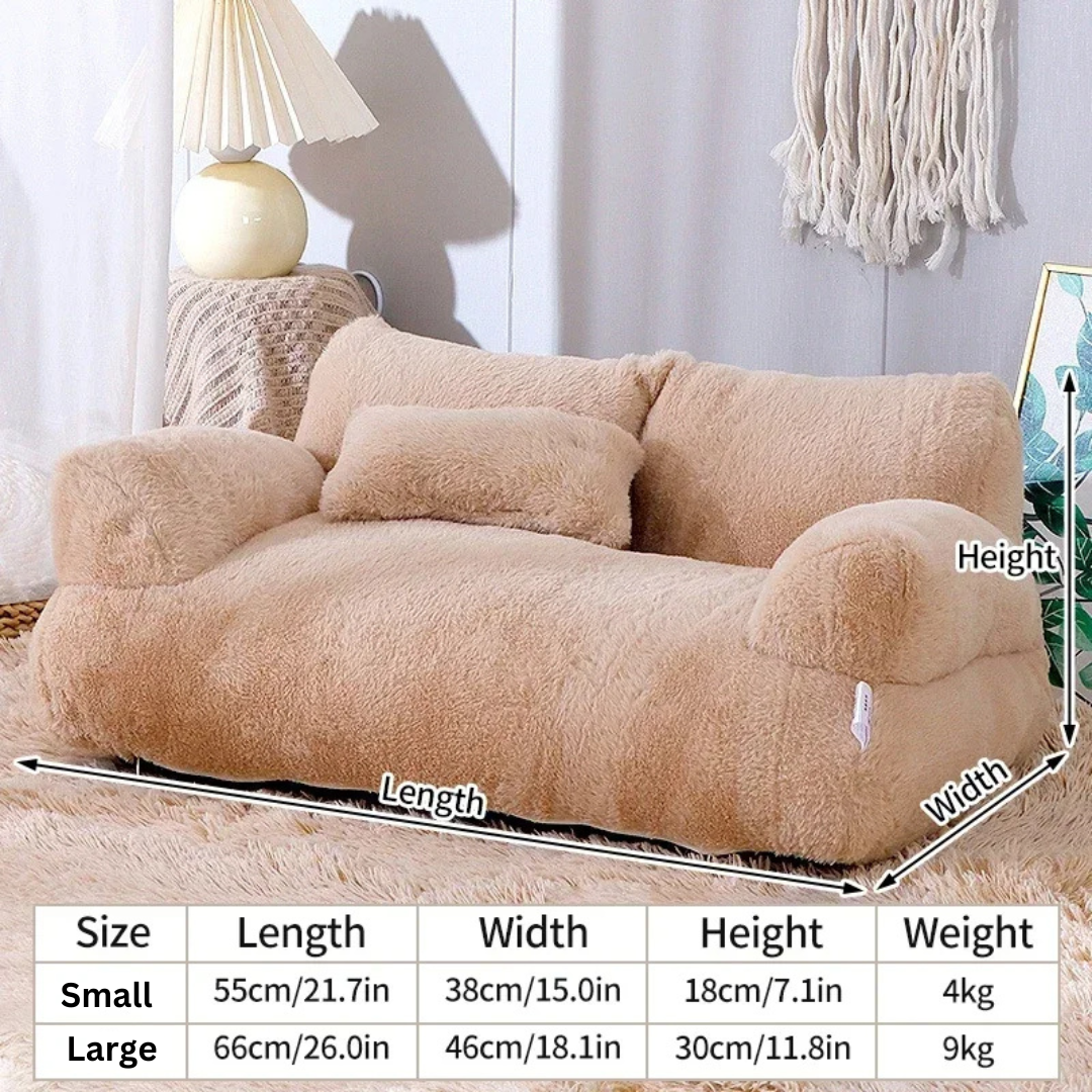 Plush cat sofa bed in pink, featuring soft material and raised edges for feline comfort and style, perfect for pet relaxation