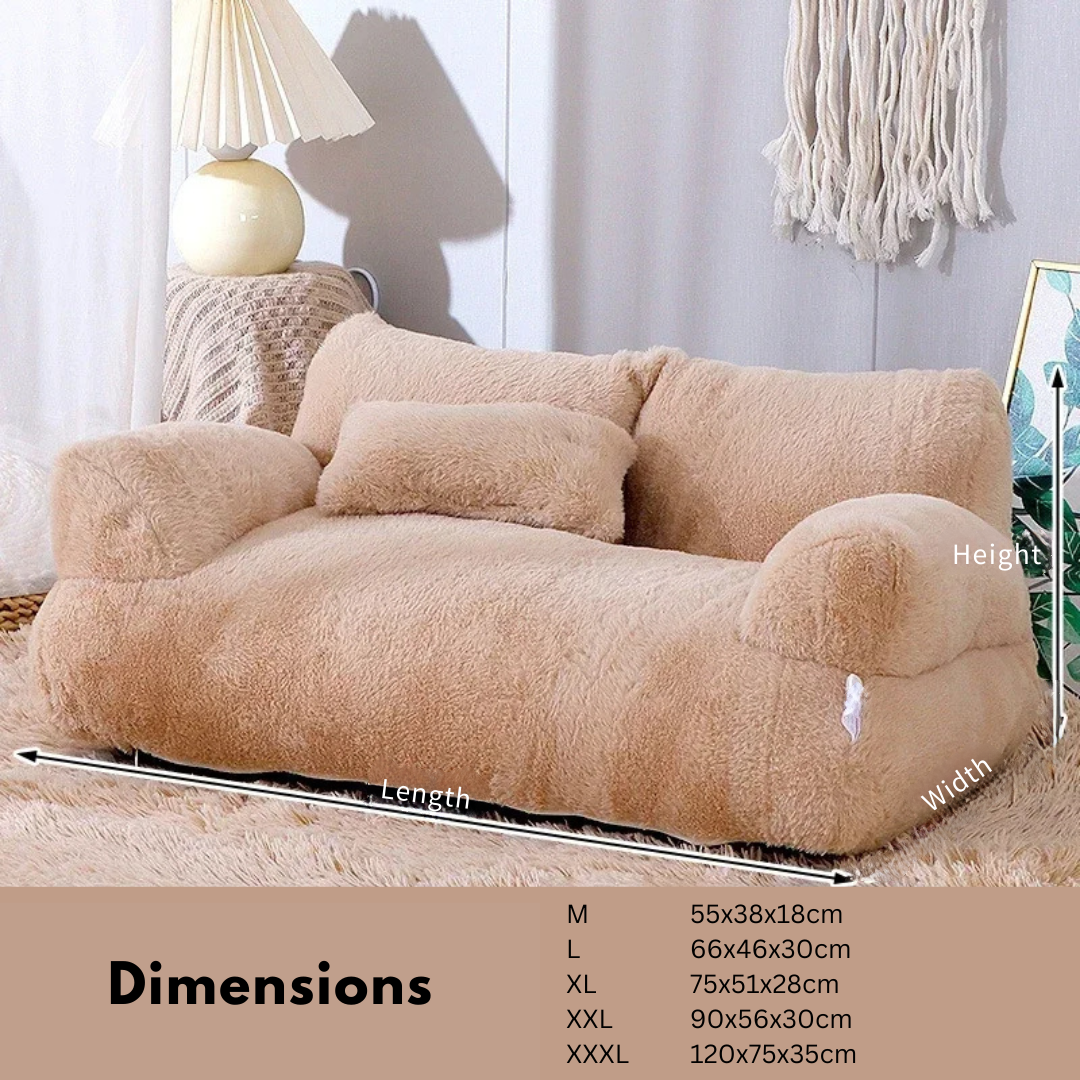 "Plush dog sofa bed in beige, features raised edges for security, soft cushioning for comfort, available in versatile sizes."