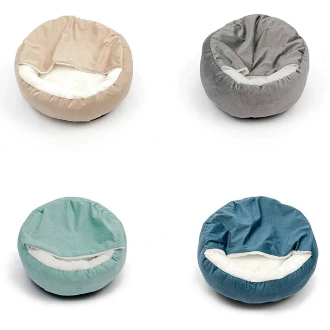 "Plush faux fur pet cave bed for cats and dogs, beige color, offering cozy comfort and security with orthopedic support."