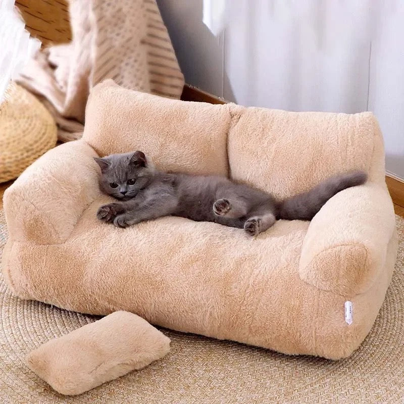 "Plush luxury cat lounge sofa for comfort, featuring soft fabric, neutral colors, and ergonomic design for ultimate relaxatio