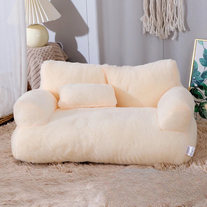 "Plush luxury cat lounge sofa for comfort, featuring soft fabric, neutral colors, and ergonomic design for ultimate relaxatio