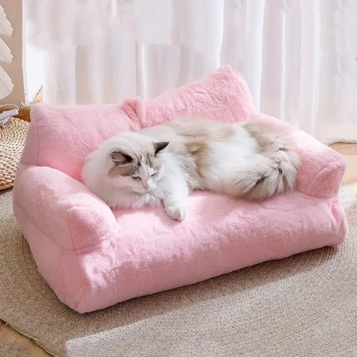 "Plush luxury cat lounge sofa for comfort, featuring soft fabric, neutral colors, and ergonomic design for ultimate relaxatio