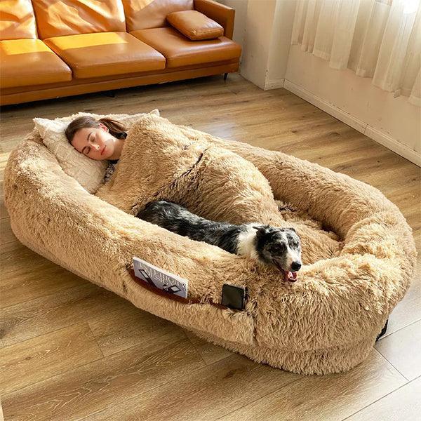 "Plush oversized lounger for pets and owners, featuring gray memory foam and plush bolsters for ultimate comfort and style."