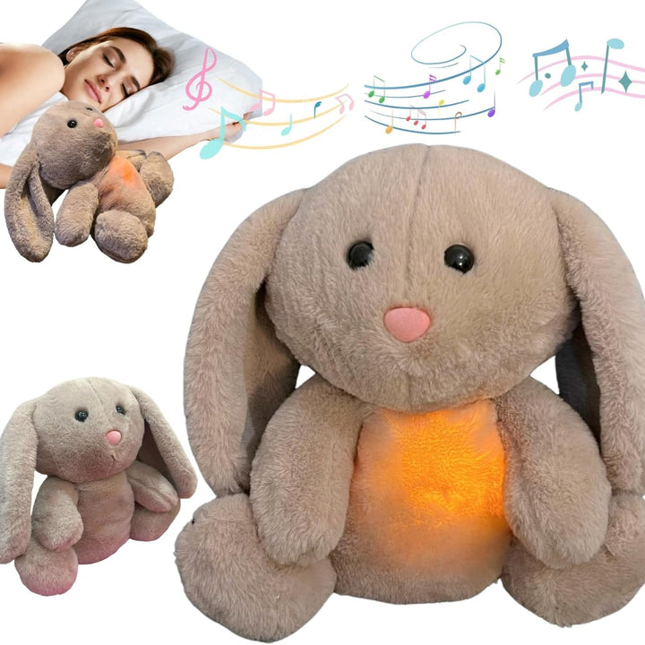 Plush teddy for kids with glowing nightlight, soothing heartbeat, realistic breathing; provides comfort and relaxation.