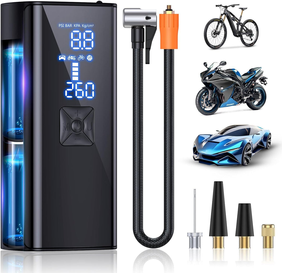 Portable air pump with 25000mAh battery, dual LCD screens, shown inflating tire; ideal for cars and emergencies.